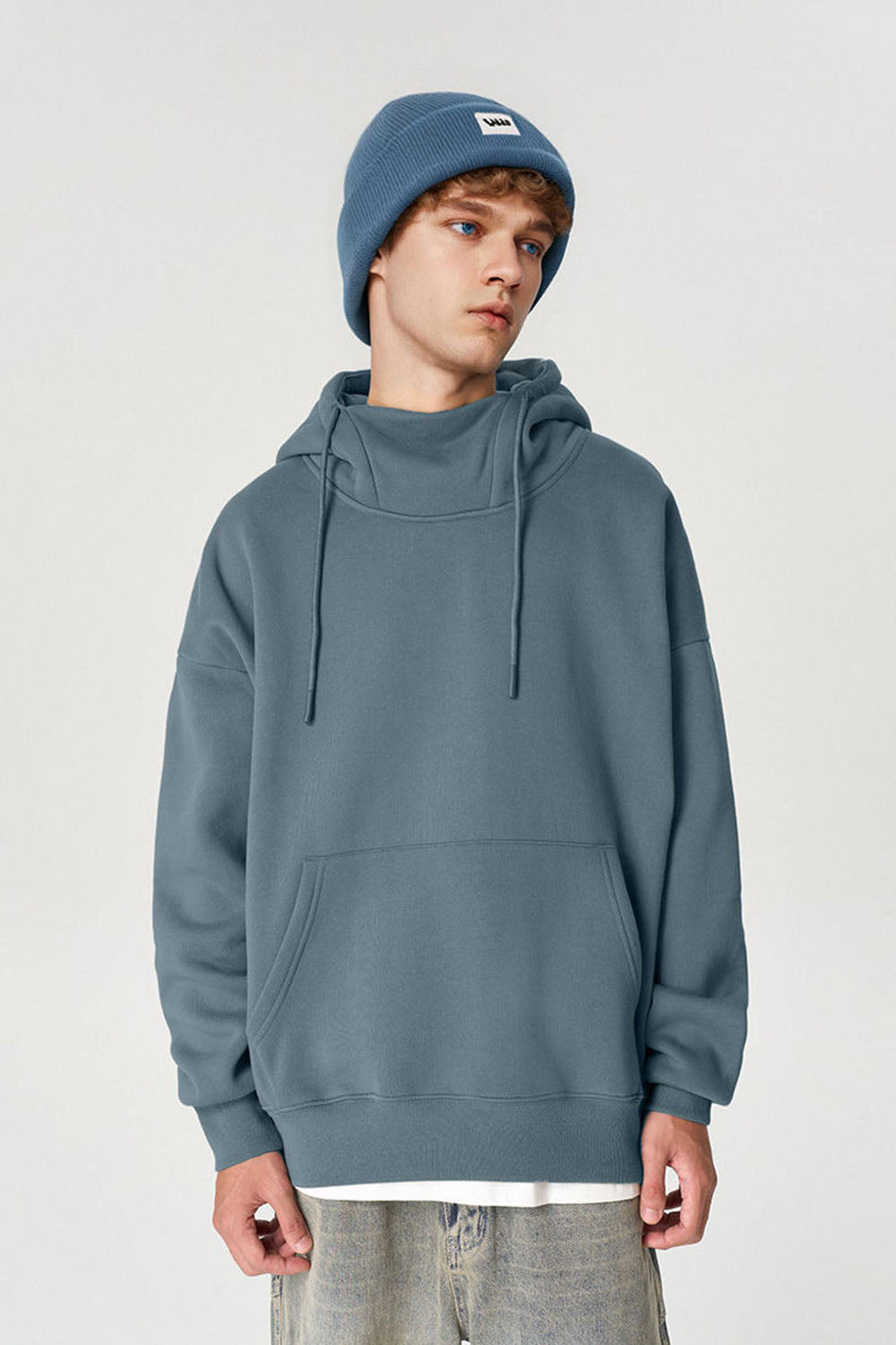 350G Plush Windproof Collar Hooded Sweatshirt with Semi-High Neck