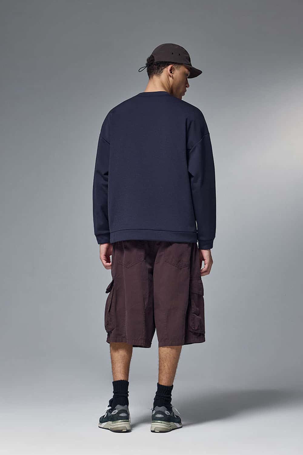Drop-Shoulder Kangaroo-Pocket Fleece Sweatshirt in Eclipse Blue - full-length back modeled view