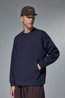 Drop-Shoulder Kangaroo-Pocket Fleece Sweatshirt in Eclipse Blue - product detail close-up