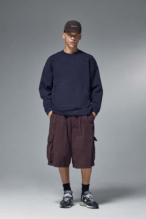 Drop-Shoulder Kangaroo-Pocket Fleece Sweatshirt in Eclipse Blue - full-length front modeled view