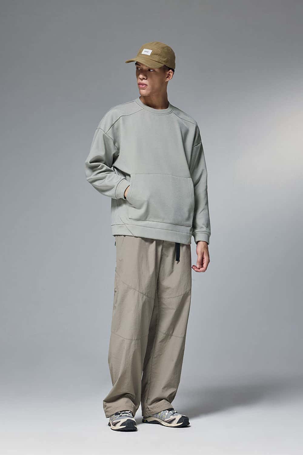 Drop-Shoulder Kangaroo-Pocket Fleece Sweatshirt in Stone Gray - full-length front modeled view