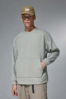 Drop-Shoulder Kangaroo-Pocket Fleece Sweatshirt in Stone Gray - front modeled view