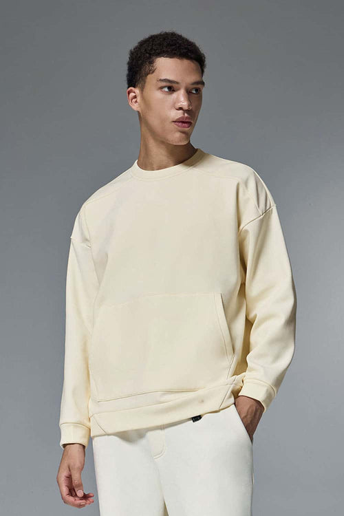 Drop-Shoulder Kangaroo-Pocket Fleece Sweatshirt in White - front modeled view