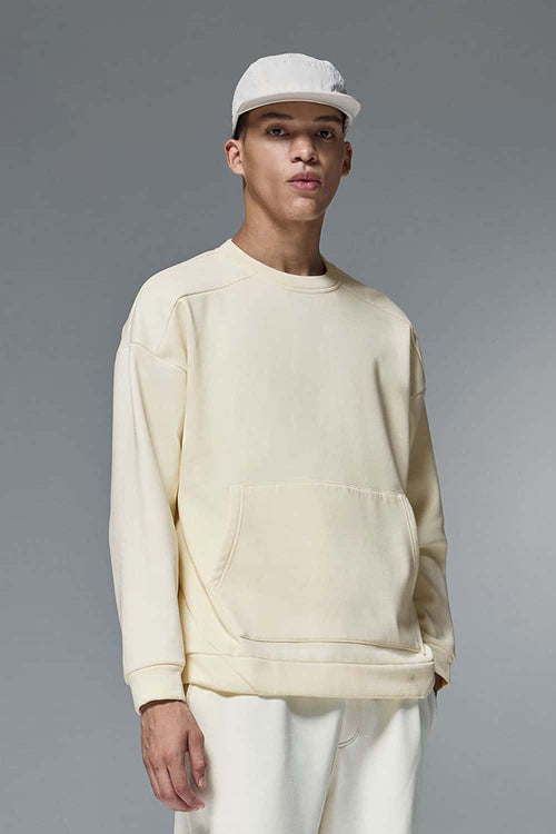 Drop-Shoulder Kangaroo-Pocket Fleece Sweatshirt in White - product detail close-up
