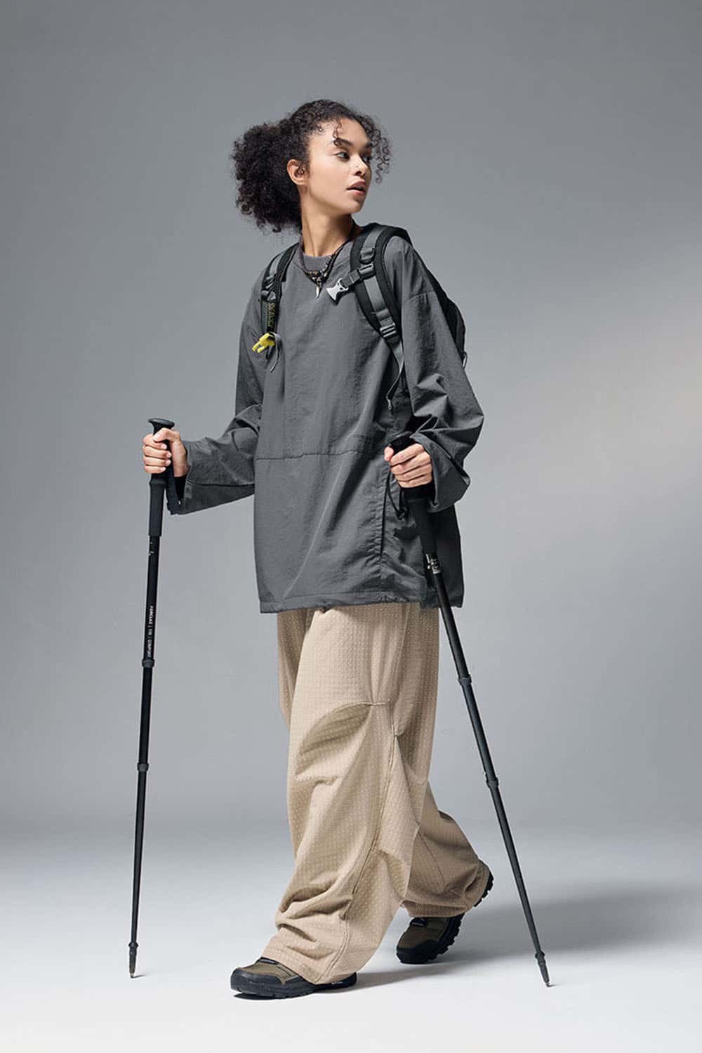 Utility Pocket Nylon Long-Sleeve Pullover in Wilderness Gray - full-length front modeled view