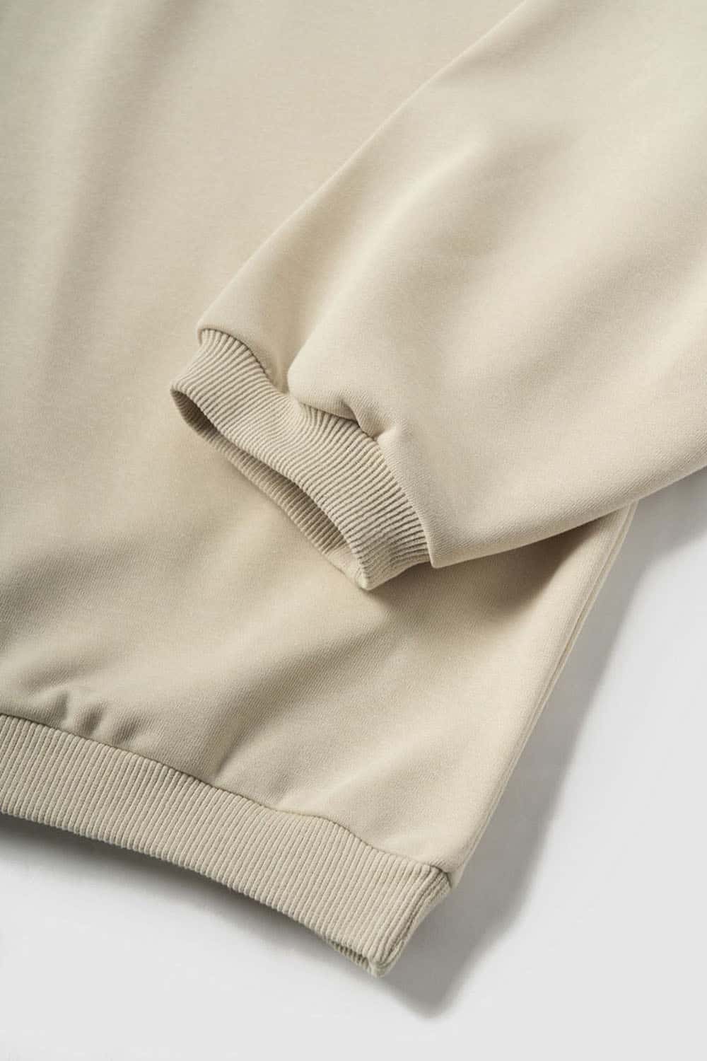 Drop-Shoulder Rib-Trim Pullover Hoodie in Apricot - cuff and hem detail
