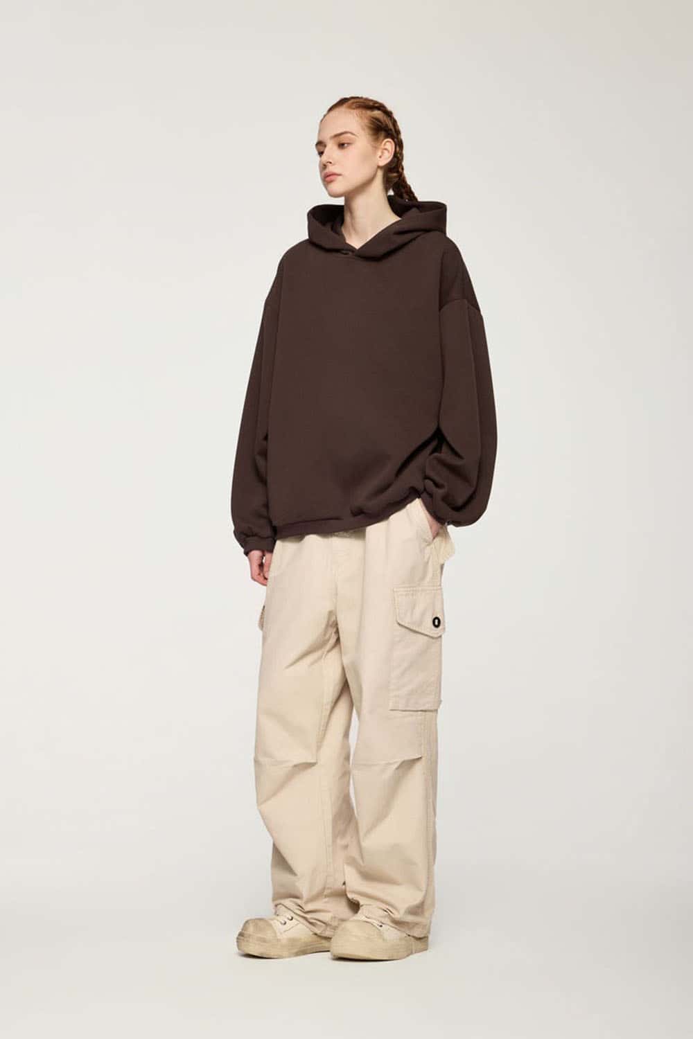 Drop-Shoulder Rib-Trim Pullover Hoodie in Coffee - full-length front modeled view