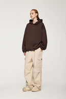 Drop-Shoulder Rib-Trim Pullover Hoodie in Coffee - full-length front modeled view