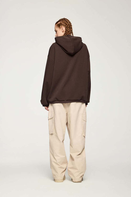 Drop-Shoulder Rib-Trim Pullover Hoodie in Coffee - back modeled view