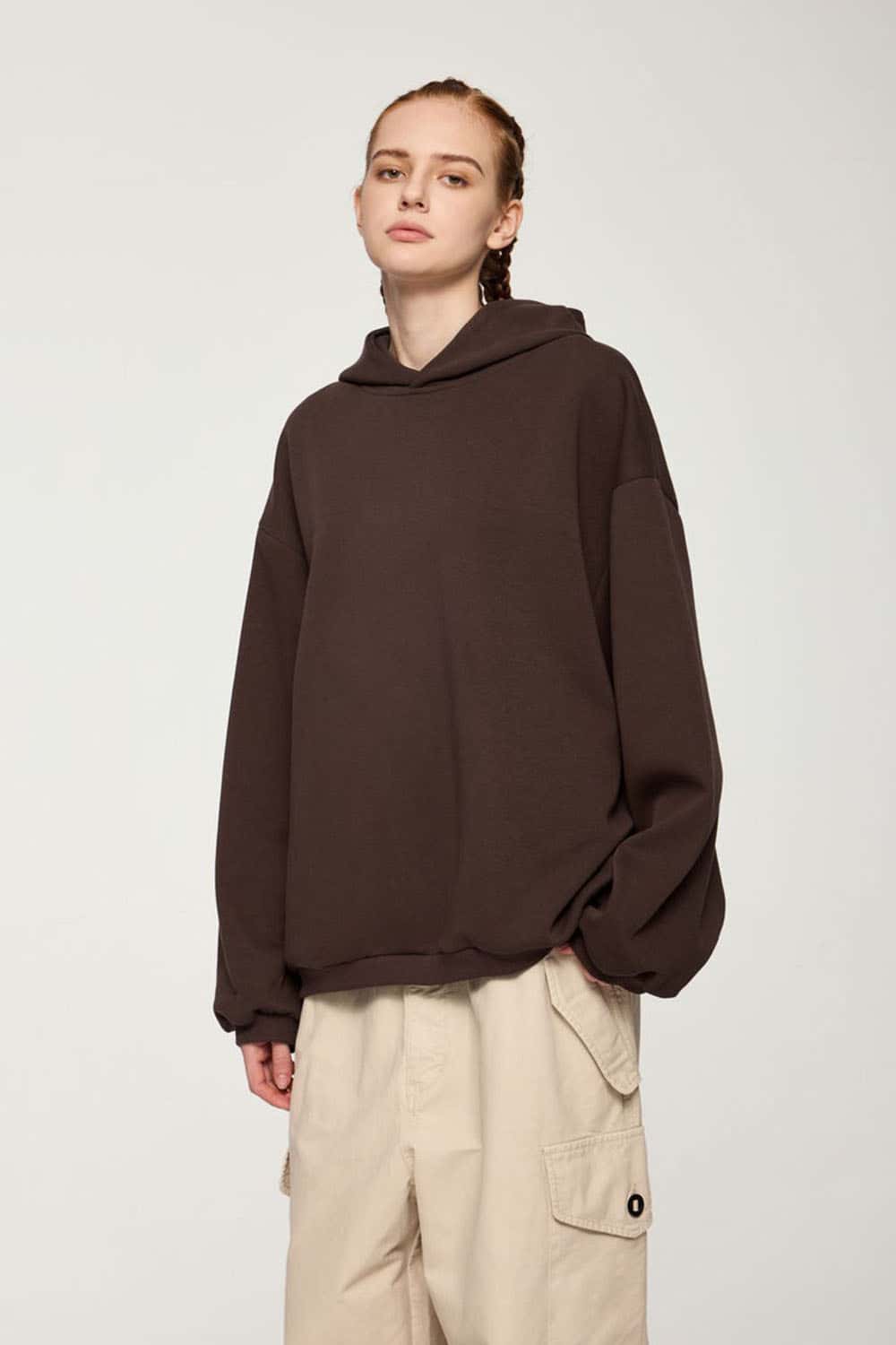 Drop-Shoulder Rib-Trim Pullover Hoodie in Coffee - front modeled view