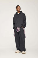 Drop-Shoulder Rib-Trim Pullover Hoodie in Gray - full-length front modeled view