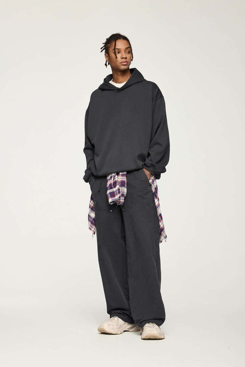 Drop-Shoulder Rib-Trim Pullover Hoodie in Gray - full-length front modeled view