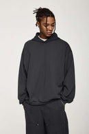 Drop-Shoulder Rib-Trim Pullover Hoodie in Gray - front modeled view