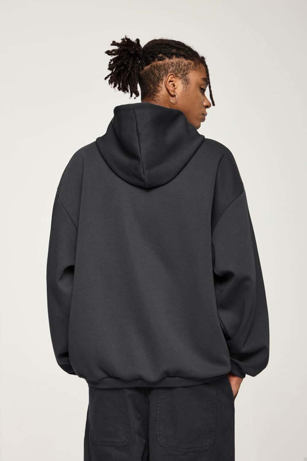 Drop-Shoulder Rib-Trim Pullover Hoodie in Gray - back modeled view