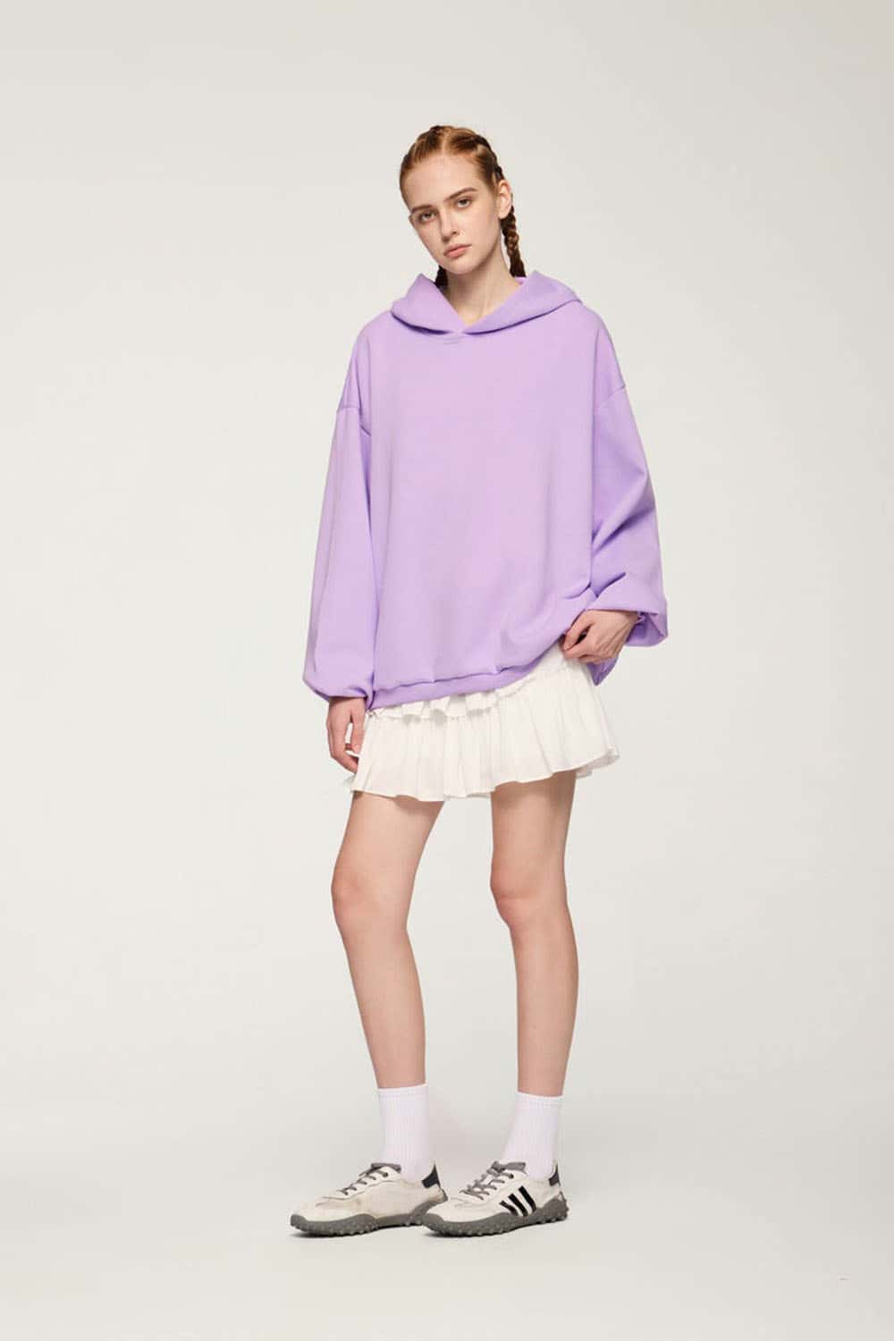 Drop-Shoulder Rib-Trim Pullover Hoodie in Light Purple - full-length front modeled view