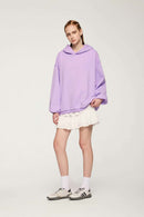 Drop-Shoulder Rib-Trim Pullover Hoodie in Light Purple - full-length front modeled view