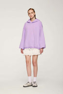 Drop-Shoulder Rib-Trim Pullover Hoodie in Light Purple - full-length front modeled view