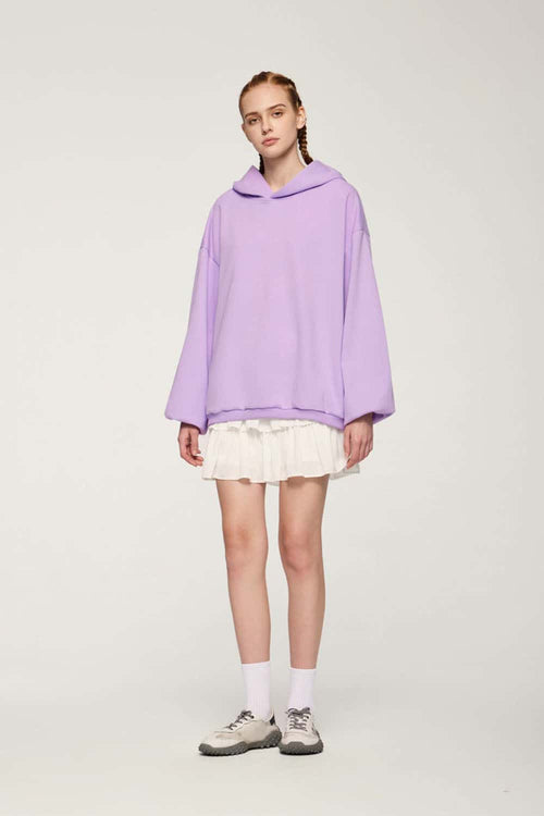 Drop-Shoulder Rib-Trim Pullover Hoodie in Light Purple - full-length front modeled view