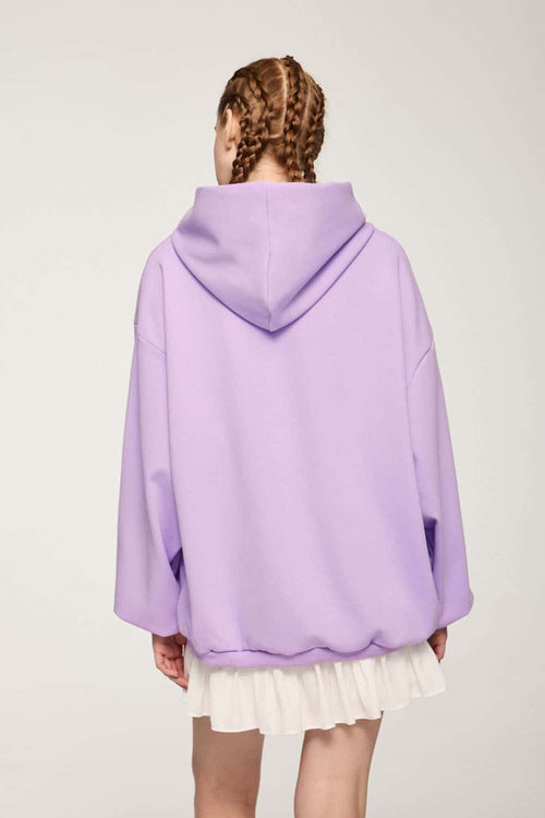 Drop-Shoulder Rib-Trim Pullover Hoodie in Light Purple - back modeled view