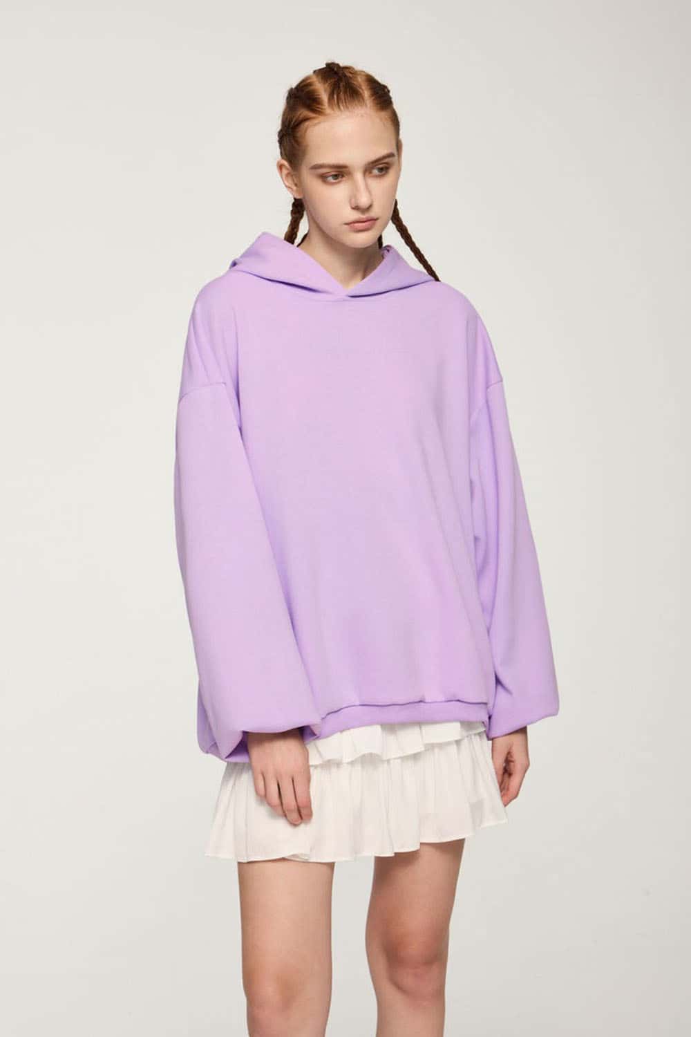 Drop-Shoulder Rib-Trim Pullover Hoodie in Light Purple - front modeled view