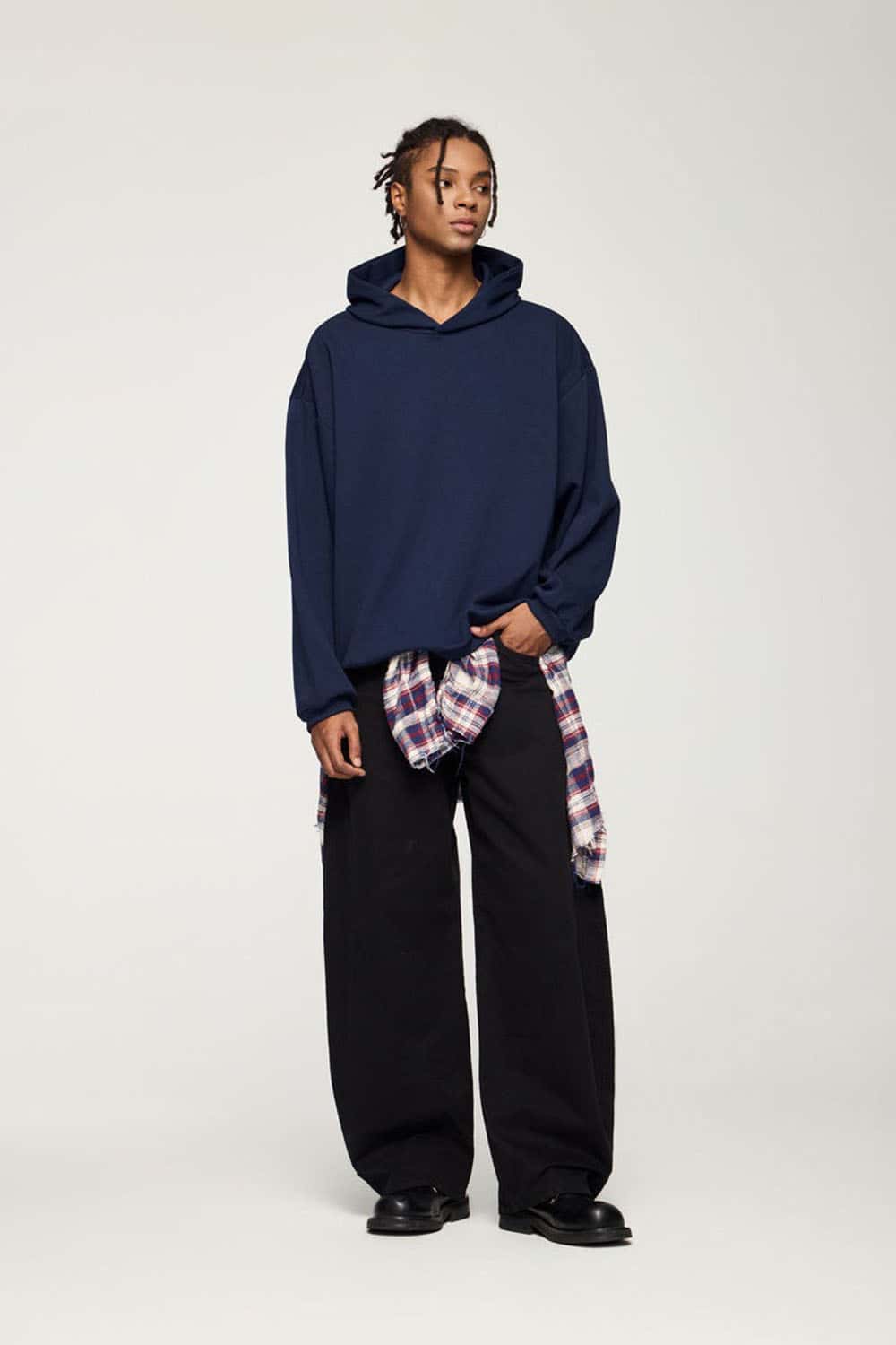 Drop-Shoulder Rib-Trim Pullover Hoodie in Royal Blue - full-length front modeled view