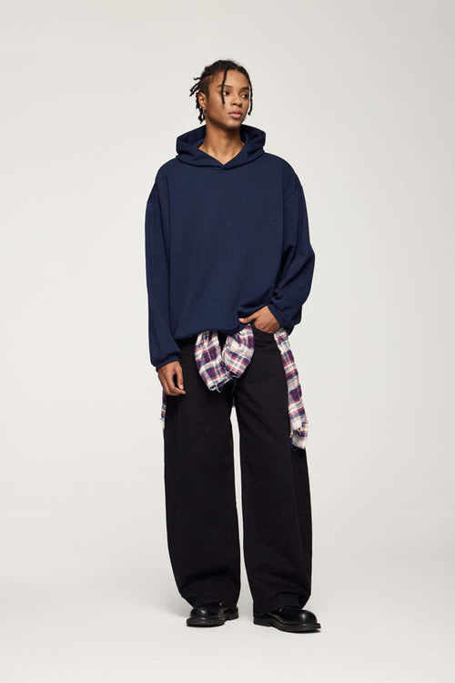 Drop-Shoulder Rib-Trim Pullover Hoodie in Royal Blue - full-length front modeled view