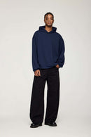 Drop-Shoulder Rib-Trim Pullover Hoodie in Royal Blue - full-length front modeled view