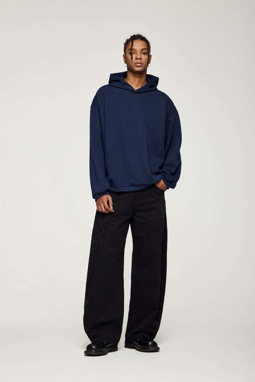 Drop-Shoulder Rib-Trim Pullover Hoodie in Royal Blue - full-length front modeled view
