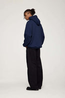 Drop-Shoulder Rib-Trim Pullover Hoodie in Royal Blue - back modeled view
