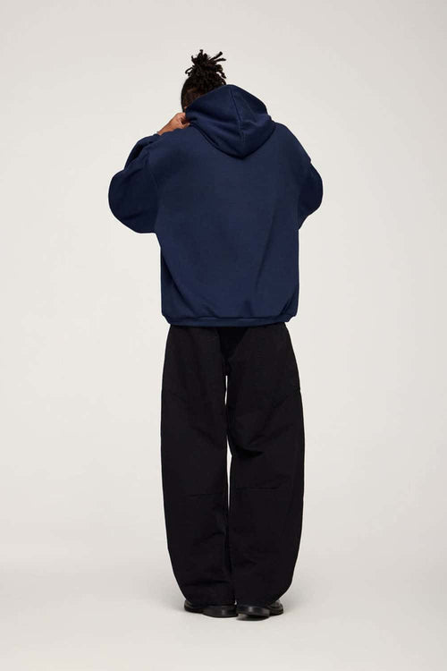 Drop-Shoulder Rib-Trim Pullover Hoodie in Royal Blue - back modeled view
