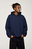 Drop-Shoulder Rib-Trim Pullover Hoodie in Royal Blue - front modeled view