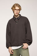 Fleece Collared Pullover Sweatshirt - Brown