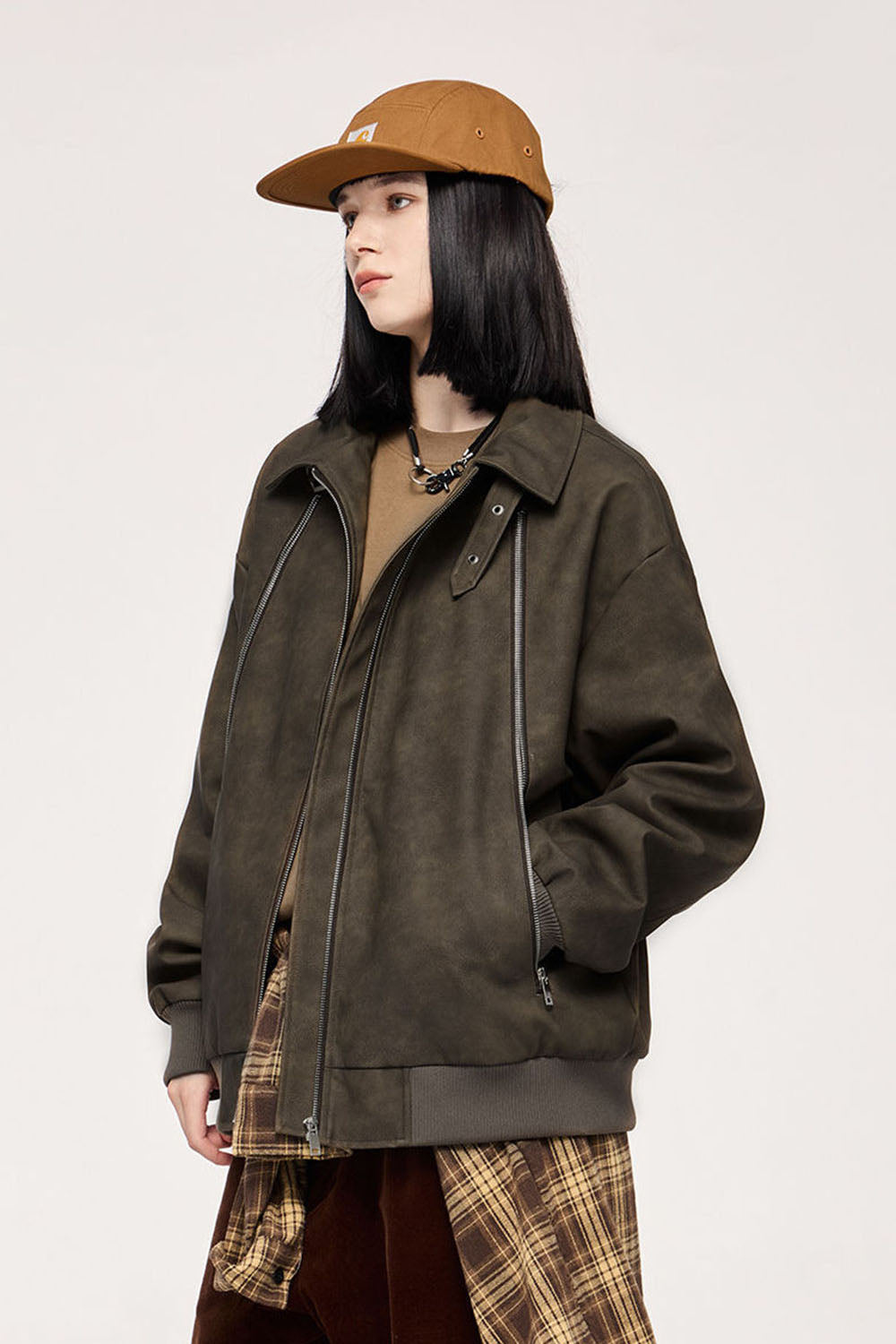 Dual-Zip Washed PU Leather Jacket: Urban Streetwear Collection