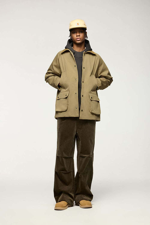 Wrinkle-Resistant Corduroy-Collar Utility Jacket in Apricot Khaki - full-length front modeled view