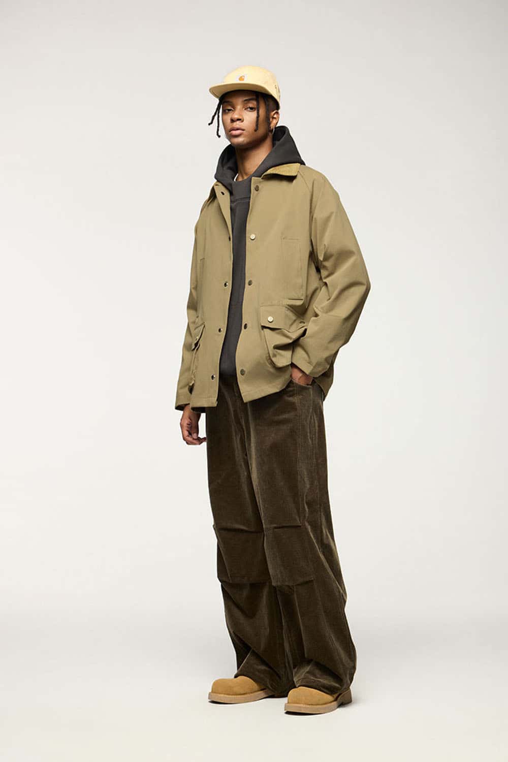 Wrinkle-Resistant Corduroy-Collar Utility Jacket in Apricot Khaki - full-length front modeled view
