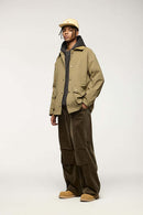 Wrinkle-Resistant Corduroy-Collar Utility Jacket in Apricot Khaki - full-length front modeled view