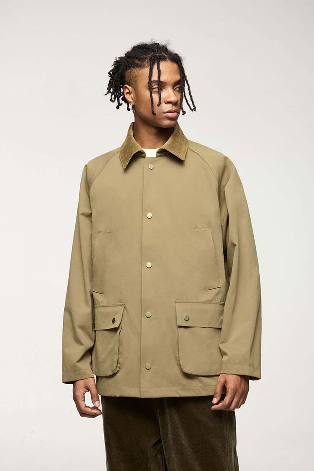 Wrinkle-Resistant Corduroy-Collar Utility Jacket in Apricot Khaki - front product view