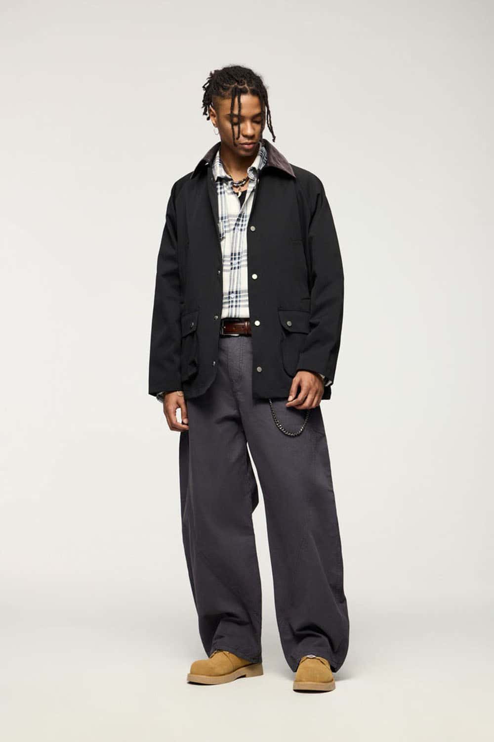 Wrinkle-Resistant Corduroy-Collar Utility Jacket in Black - full-length front modeled view