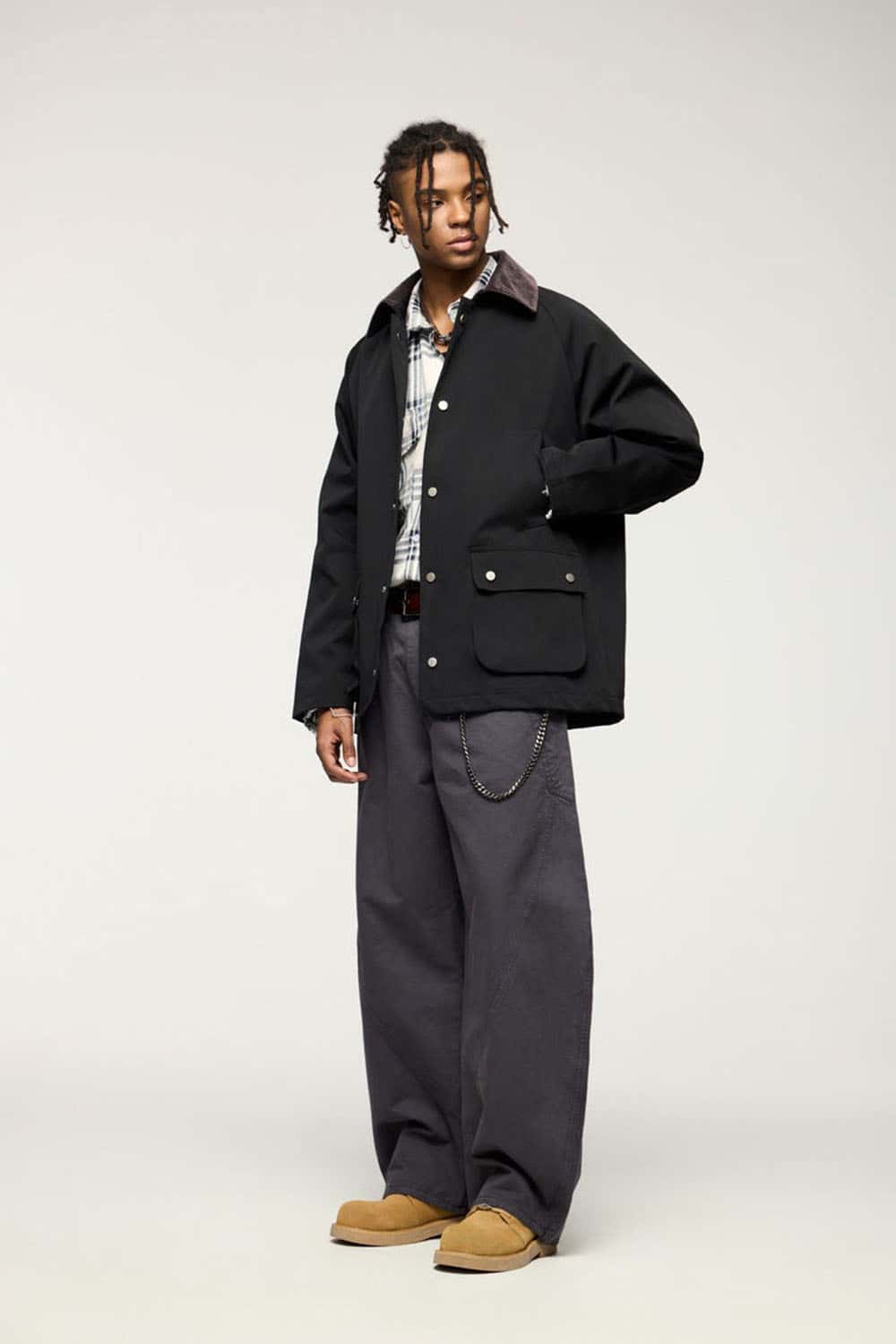 Wrinkle-Resistant Corduroy-Collar Utility Jacket in Black - full-length front modeled view