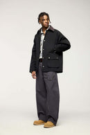 Wrinkle-Resistant Corduroy-Collar Utility Jacket in Black - full-length front modeled view