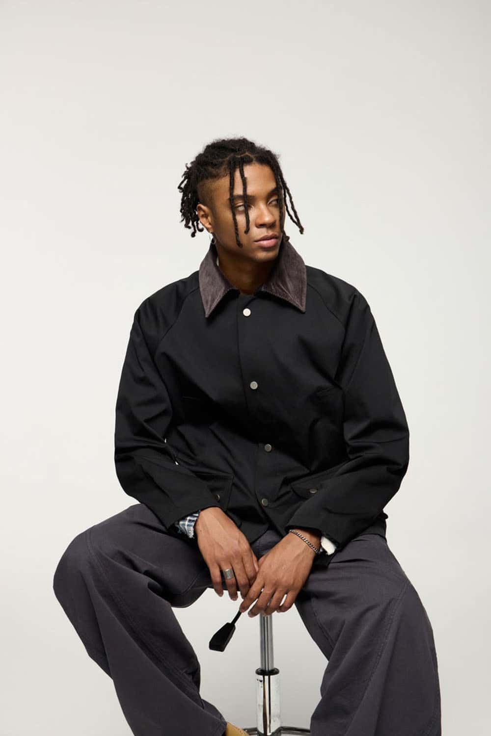 Wrinkle-Resistant Corduroy-Collar Utility Jacket in Black - front modeled view