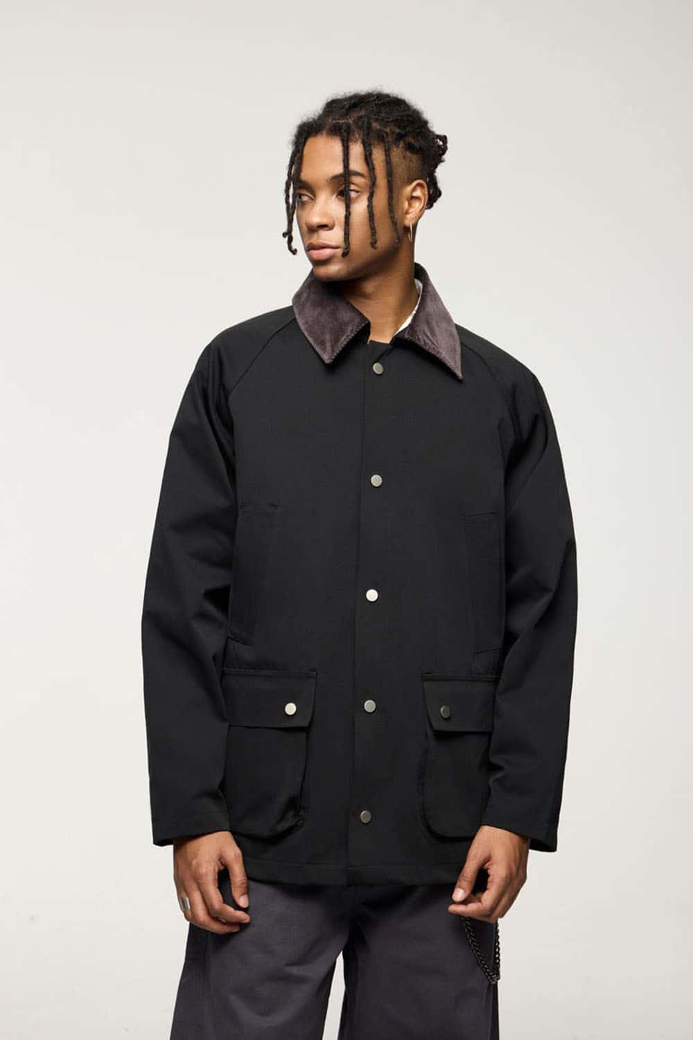 Wrinkle-Resistant Corduroy-Collar Utility Jacket in Black - front product view