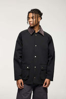 Wrinkle-Resistant Corduroy-Collar Utility Jacket in Black - front product view