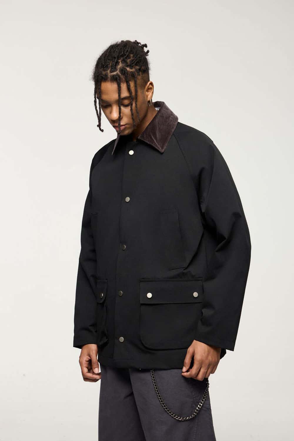 Wrinkle-Resistant Corduroy-Collar Utility Jacket in Black - full-length front modeled view