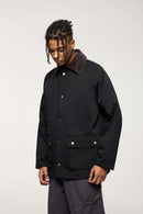 Wrinkle-Resistant Corduroy-Collar Utility Jacket in Black - full-length front modeled view