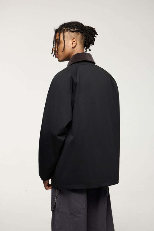 Wrinkle-Resistant Corduroy-Collar Utility Jacket in Black - back product view