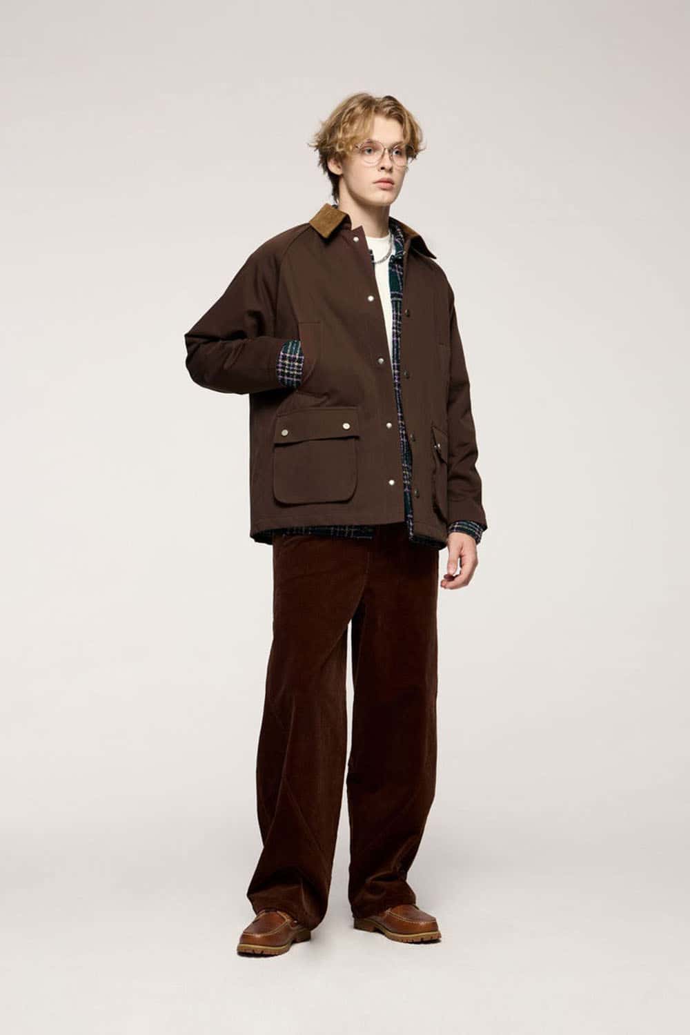 Wrinkle-Resistant Corduroy-Collar Utility Jacket in Coffee - full-length front modeled view