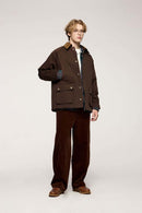 Wrinkle-Resistant Corduroy-Collar Utility Jacket in Coffee - full-length front modeled view