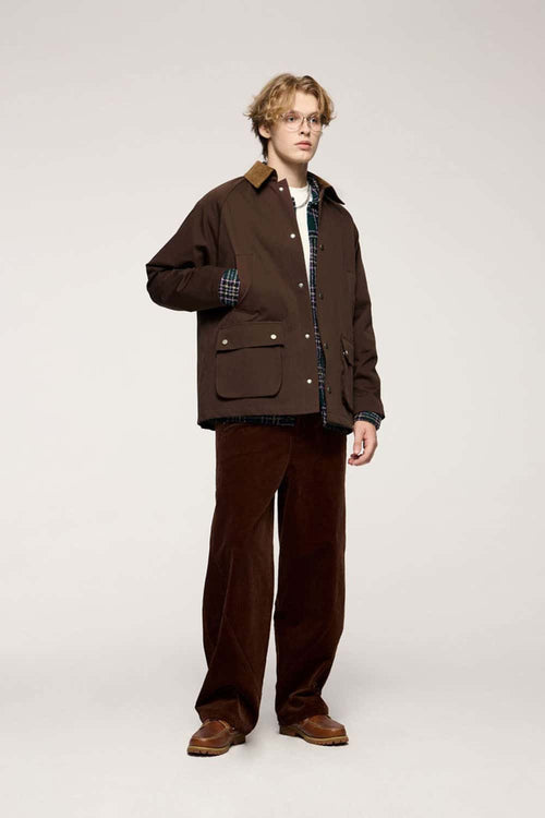 Wrinkle-Resistant Corduroy-Collar Utility Jacket in Coffee - full-length front modeled view