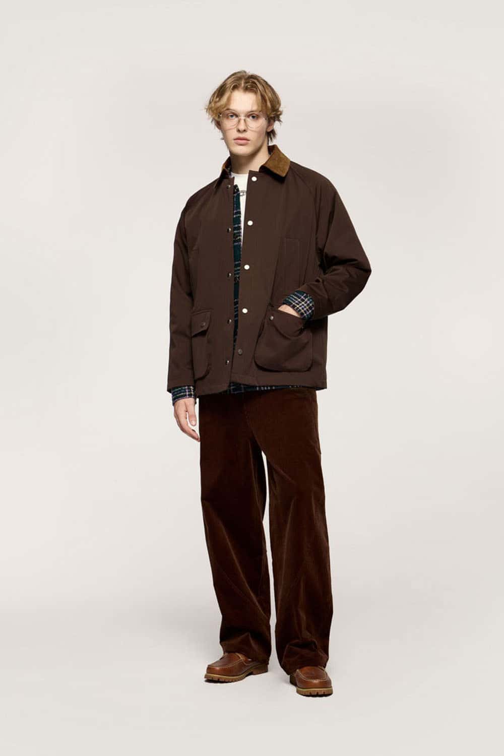 Wrinkle-Resistant Corduroy-Collar Utility Jacket in Coffee - full-length front modeled view